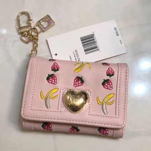 Betsey Johnson Pink Multi Trifold Wallet Embroidered Banana & Strawberry NWT